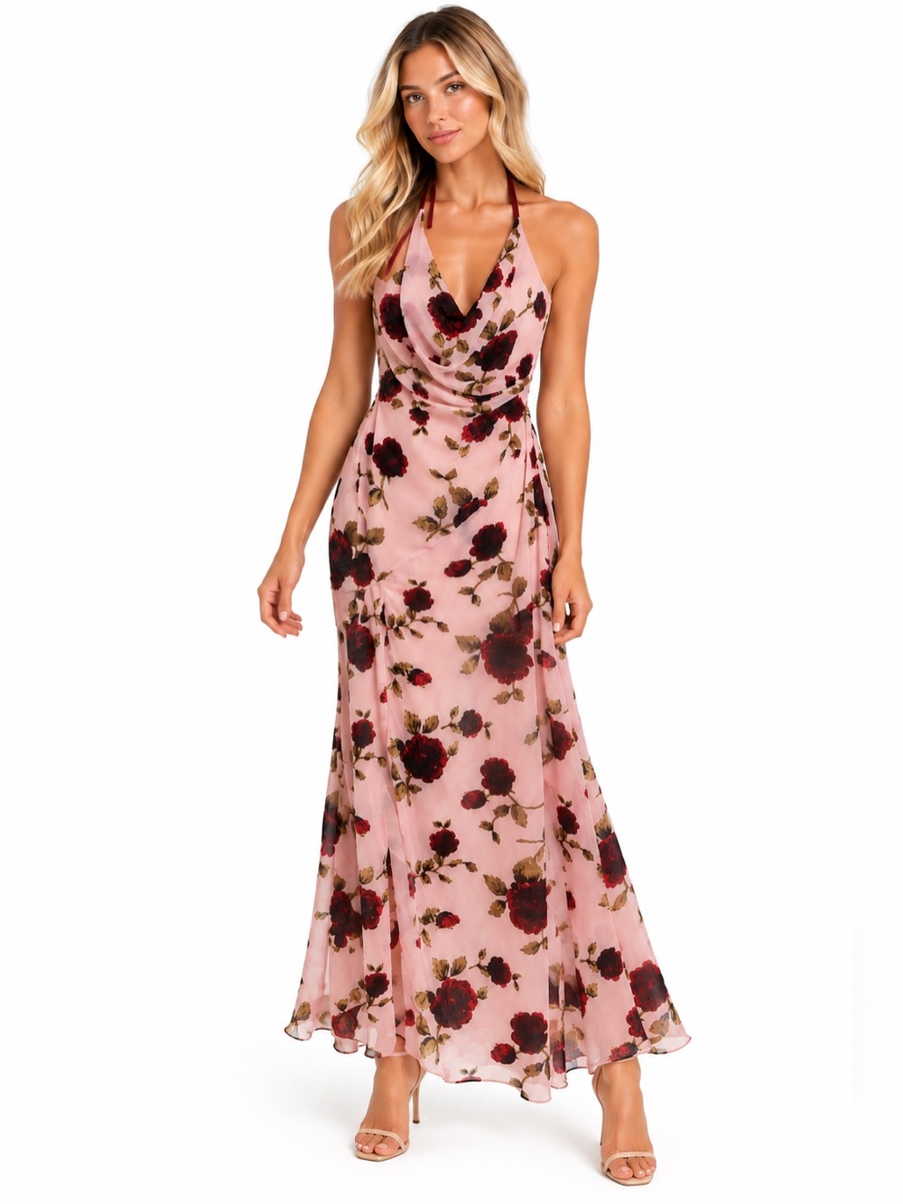 Avec Les Filles Rose Burnout Floral Halter Maxi Dress Pink | Size 6 NWT